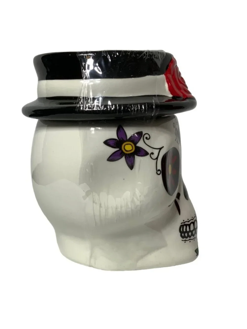 Canister Jar Sugar Skull Ceramic Hand Painted With Lid Colorful Multicolor White